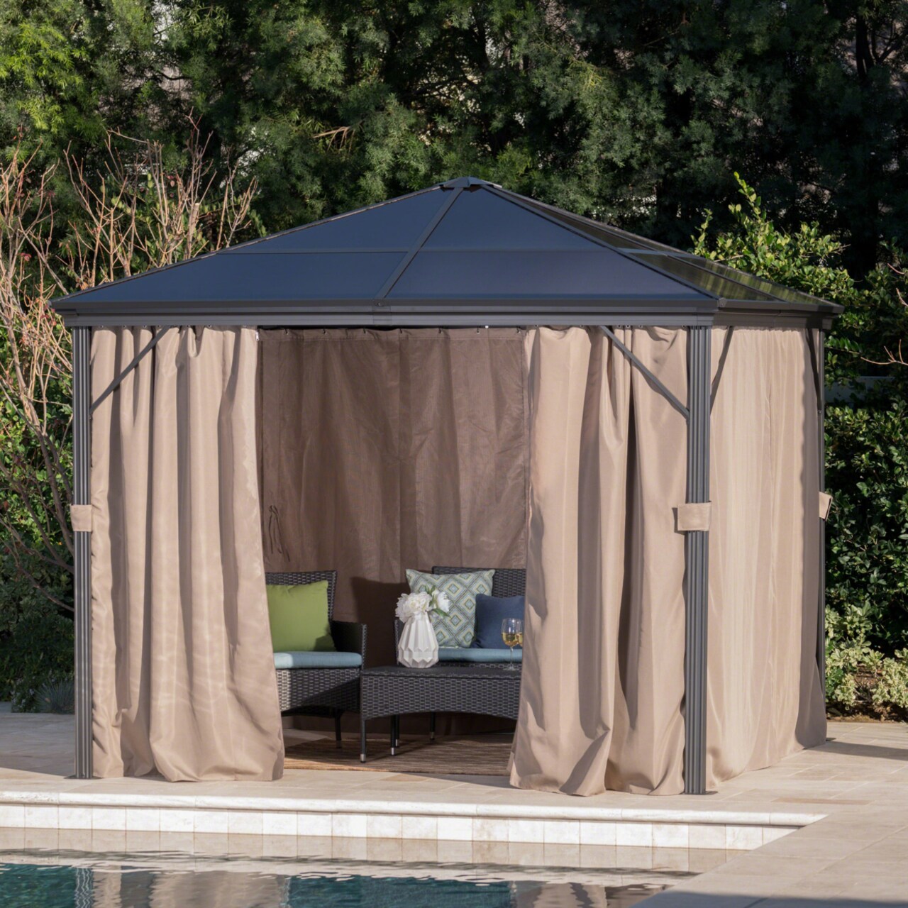GDFStudio Bali Outdoor 10 x 10 Foot Rust Proof Aluminum Framed Hardtop Gazebo with Curtains